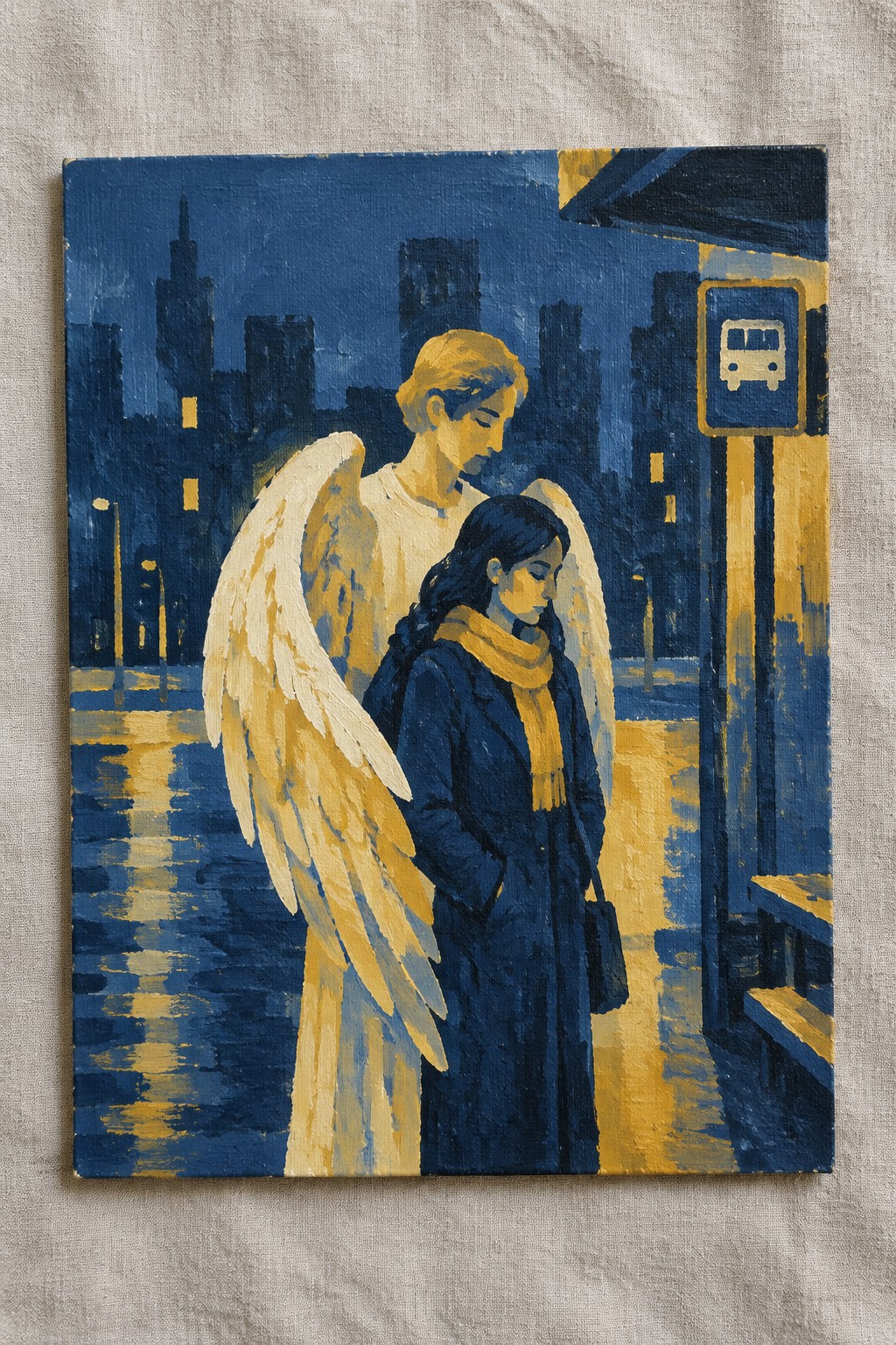 Winged angel embraces woman in blue coat at rainy city bus stop at night