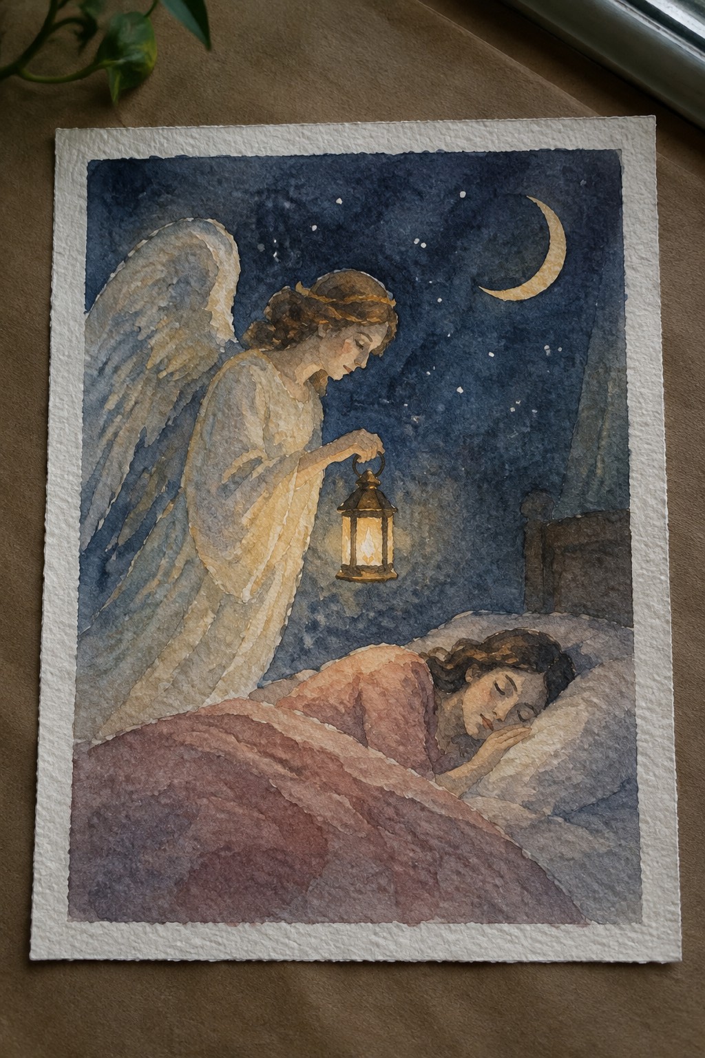 Watercolor angel in white robes holds lit lantern over sleeping woman beneath crescent moon