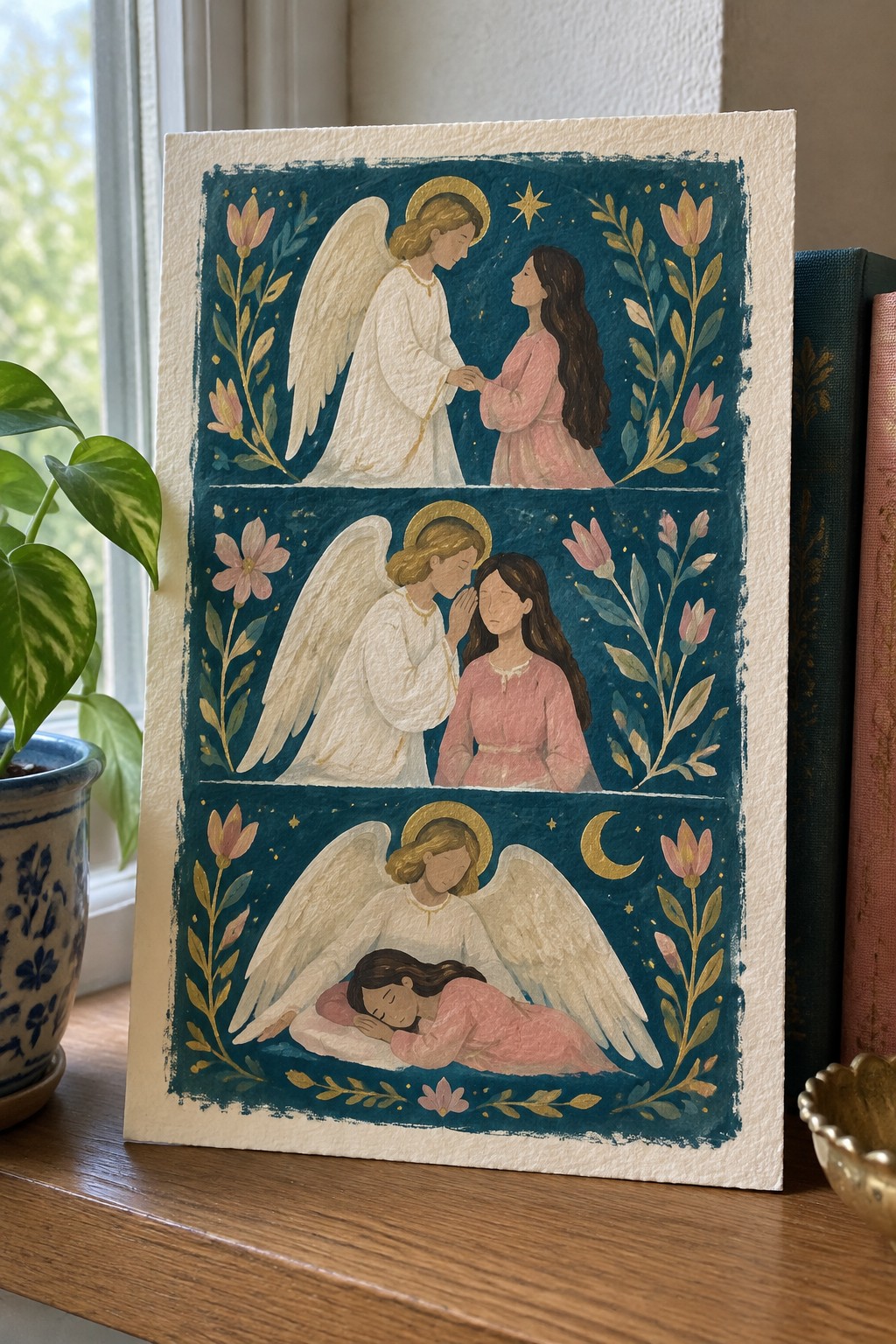 Three-panel watercolor of haloed angel in white with long-haired woman in pink on teal floral backdrop.