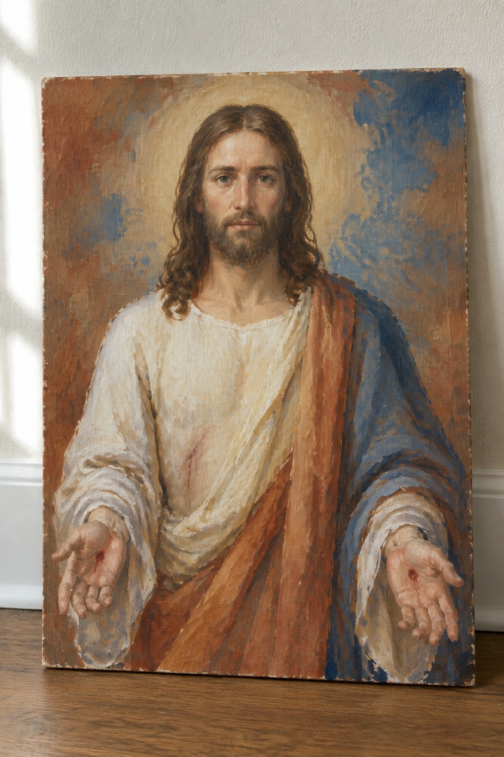 Bearded Jesus extending wounded hands, wearing white tunic and blue-orange cloak, golden halo.
