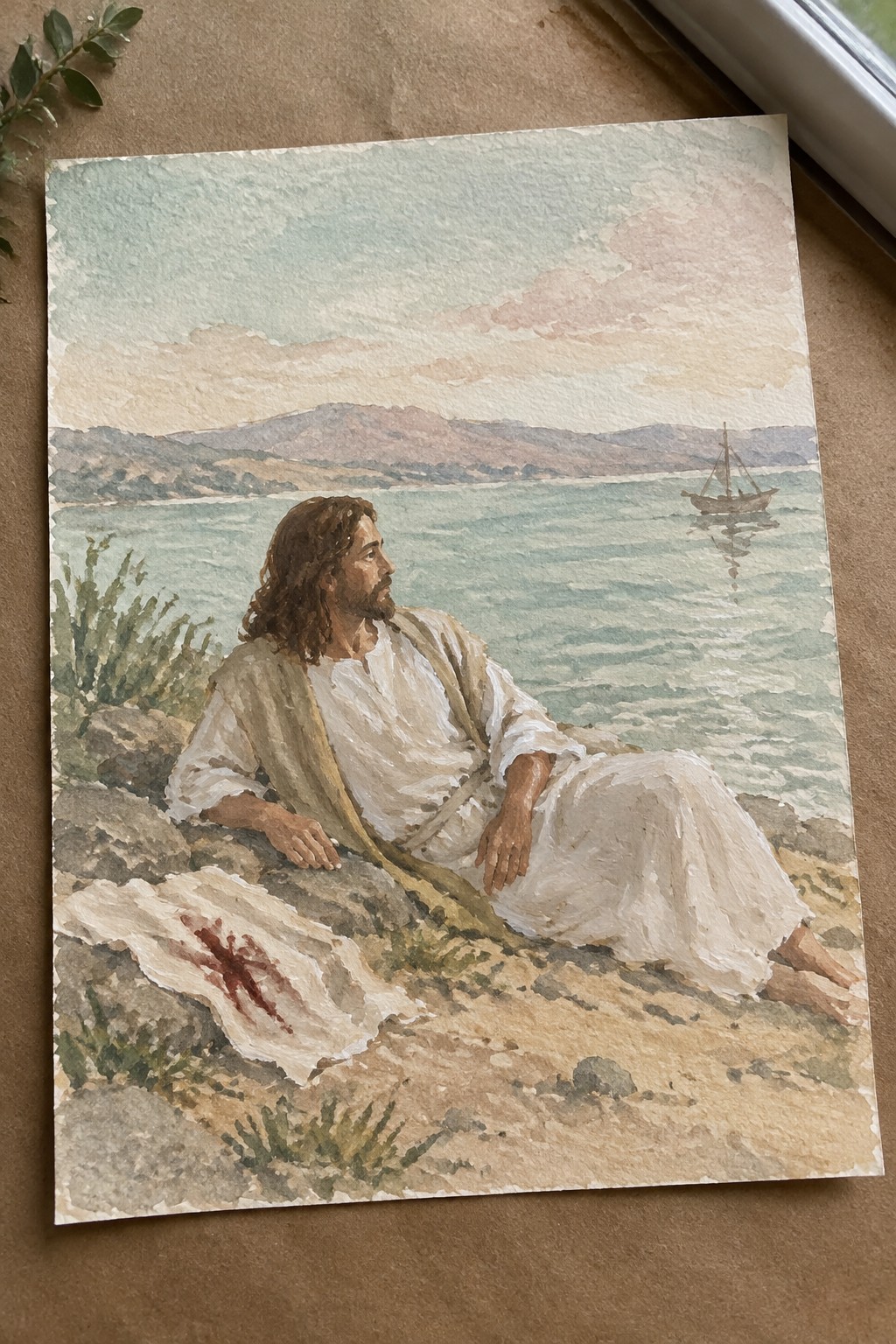 Watercolor of robed Jesus resting on rocky shore beside blood-stained cloth, sailboat on calm sea.