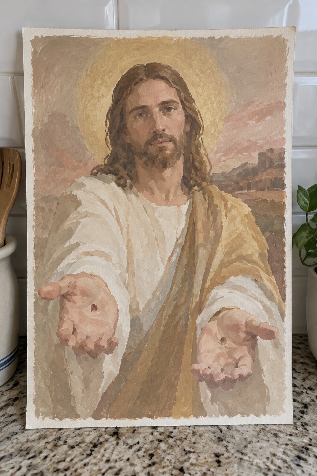 Watercolor of Jesus in white and gold robes with halo and outstretched palms before desert landscape