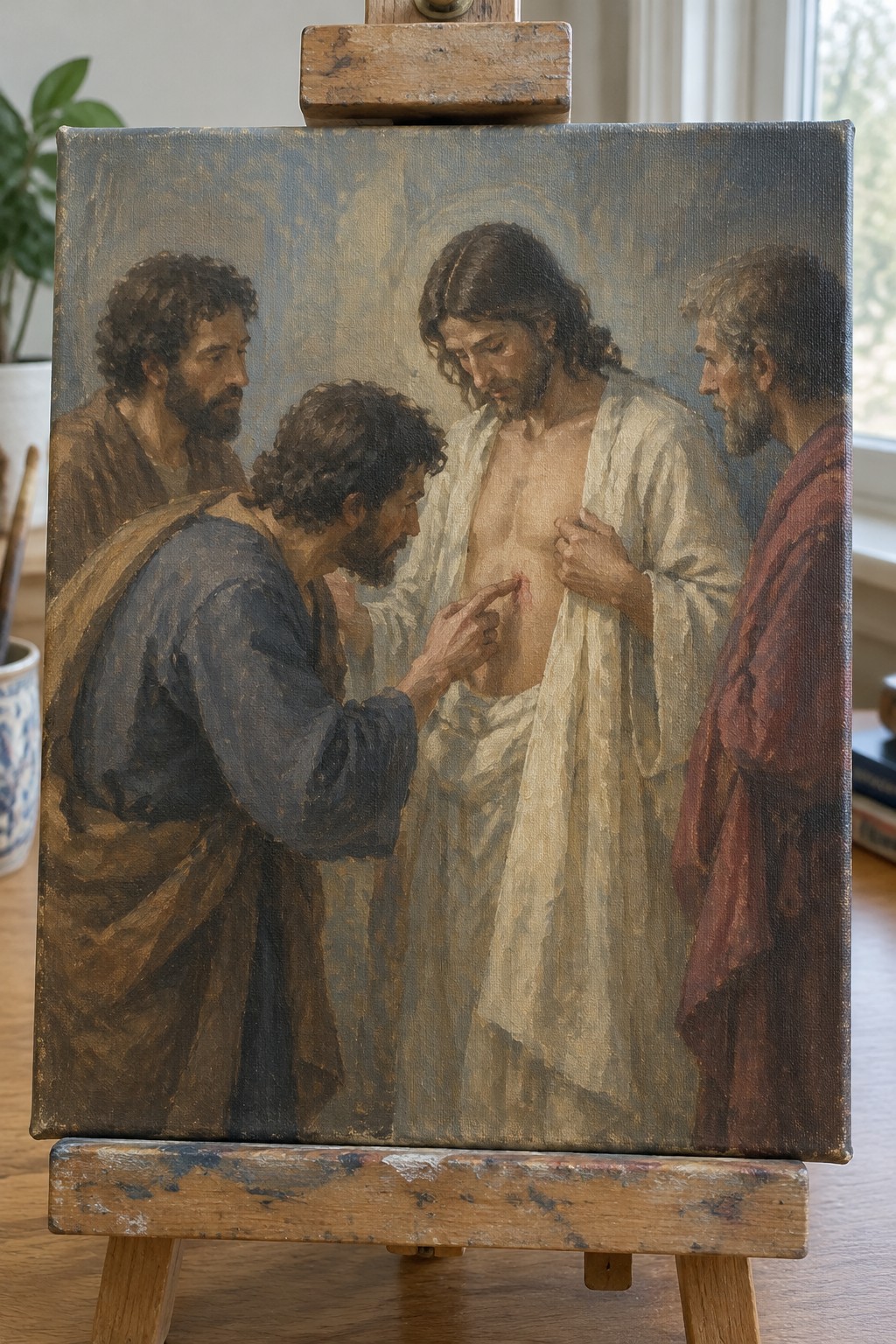 Oil painting on easel of robed Jesus with halo and disciples examining chest wound