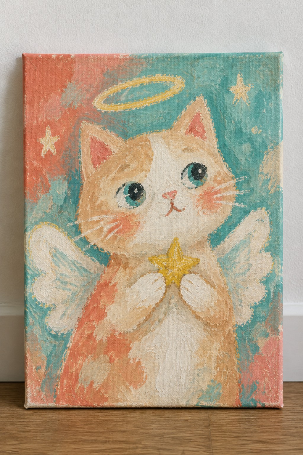 Whimsical painting of winged angel cat with halo clutching golden star on canvas