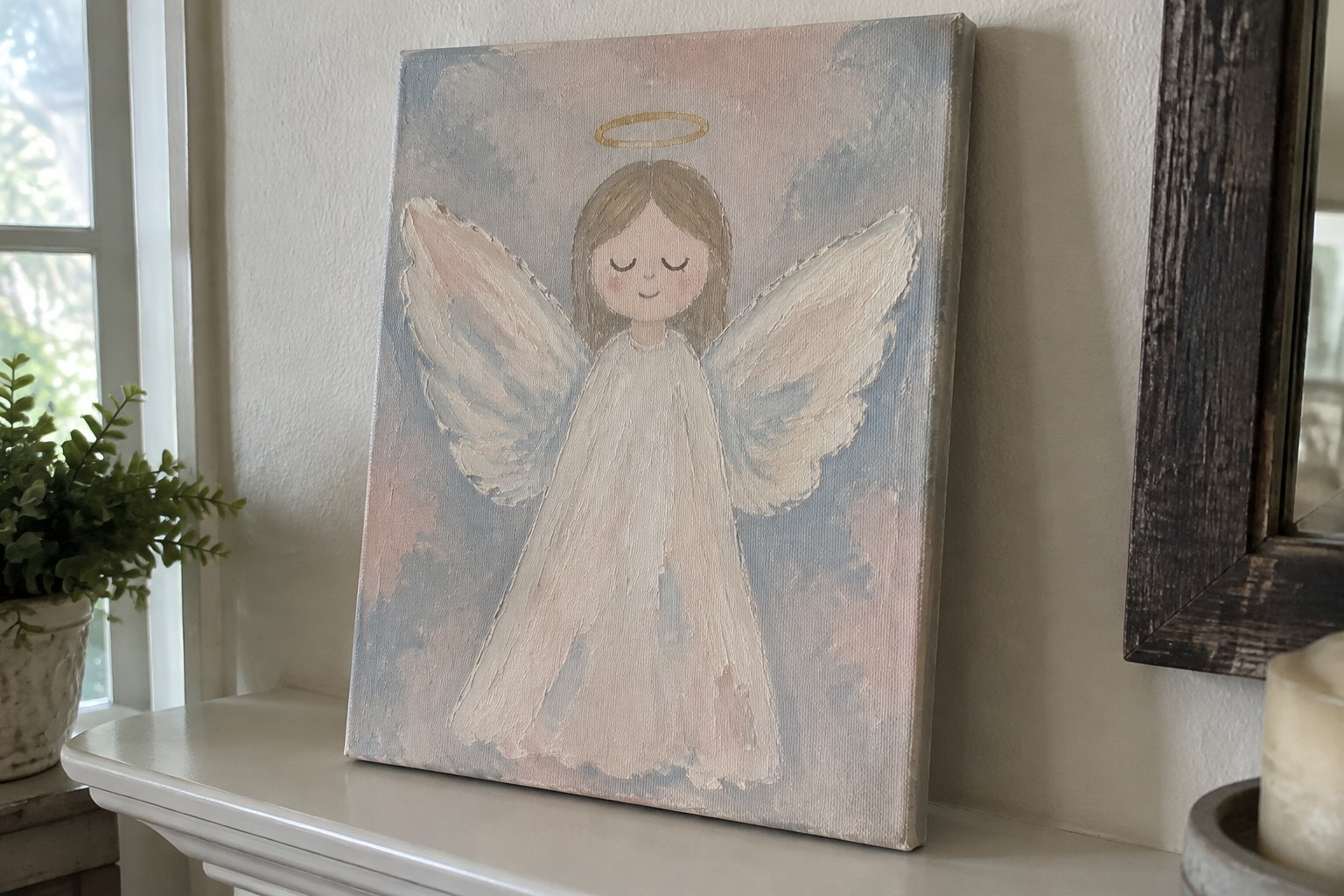 Whimsical angel painting with white dress, wings, and golden halo on mantel.