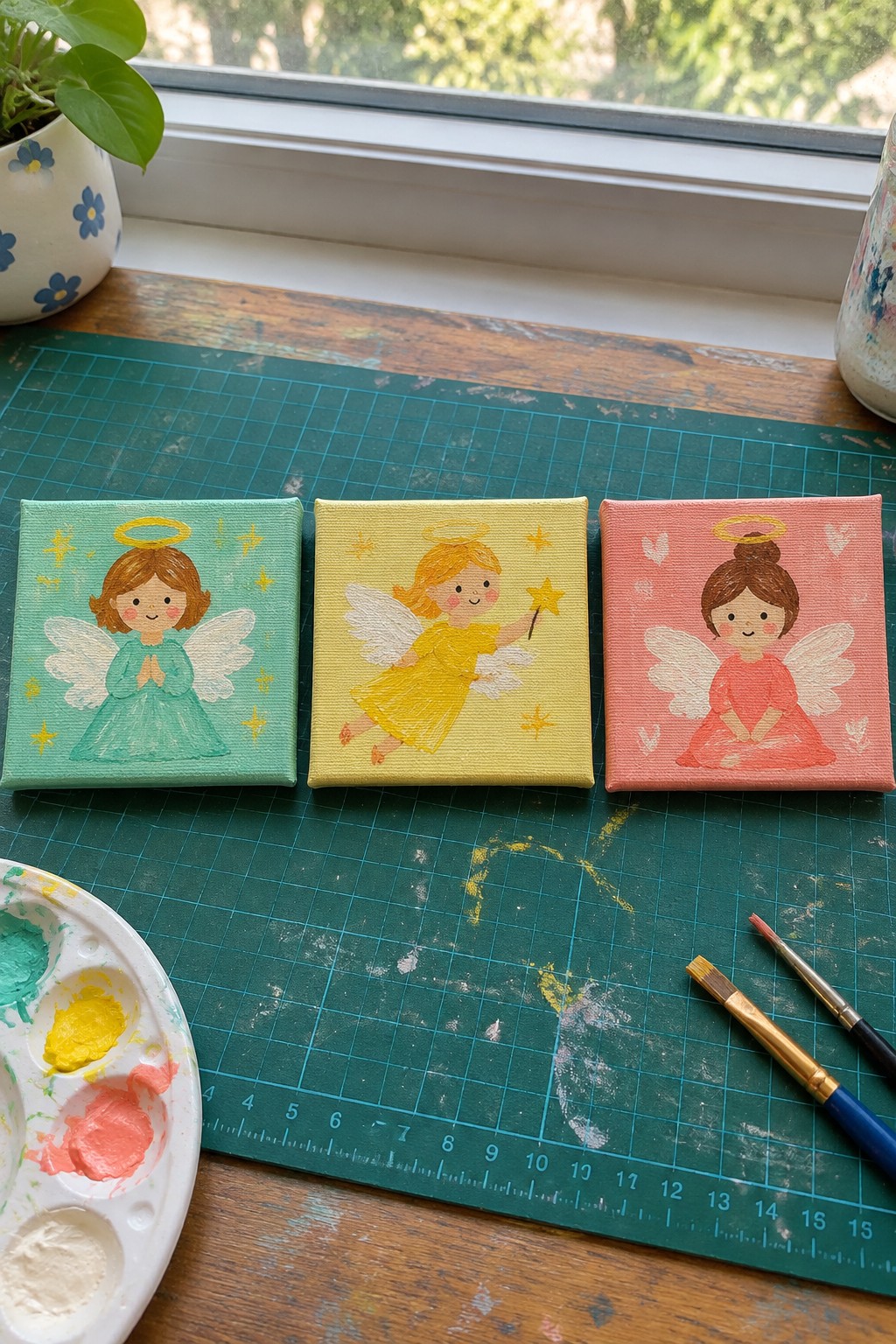 Three miniature canvases with pastel angels in dresses on green mat with palette and brushes.
