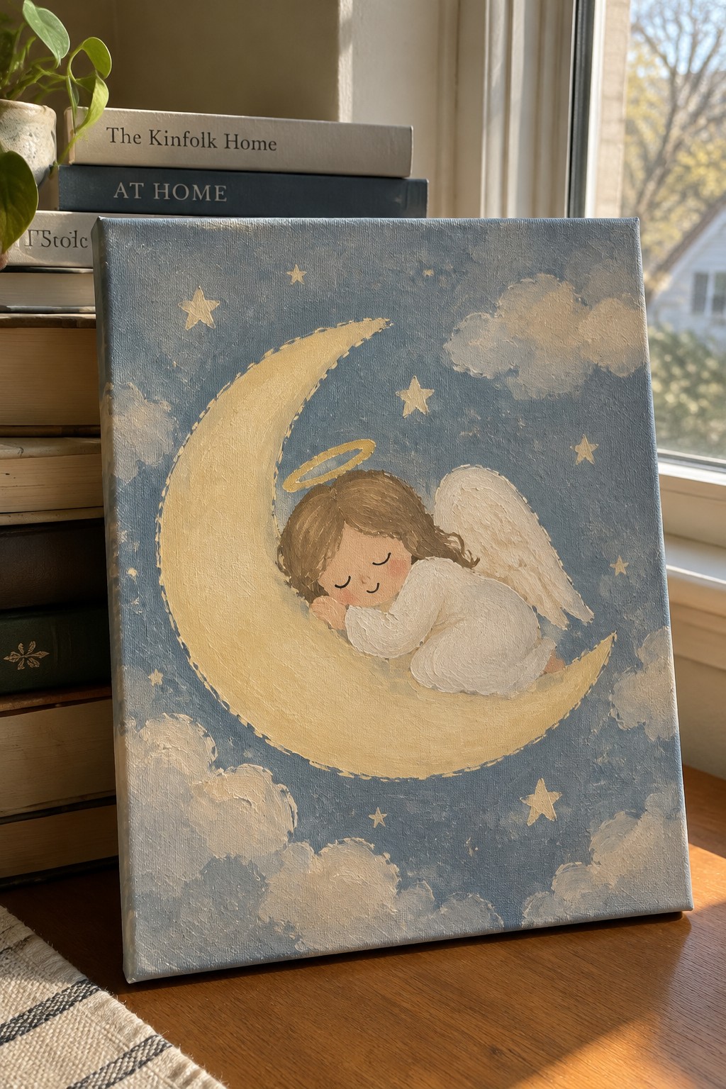 Painting of a sleeping angel on a crescent moon with stars and clouds on a blue background.