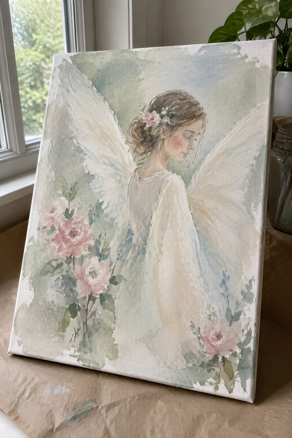 Watercolor painting of a winged woman in white dress amid pink roses on canvas