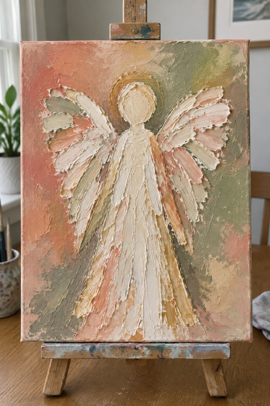 Impasto angel painting with halo and pastel wings on wooden easel