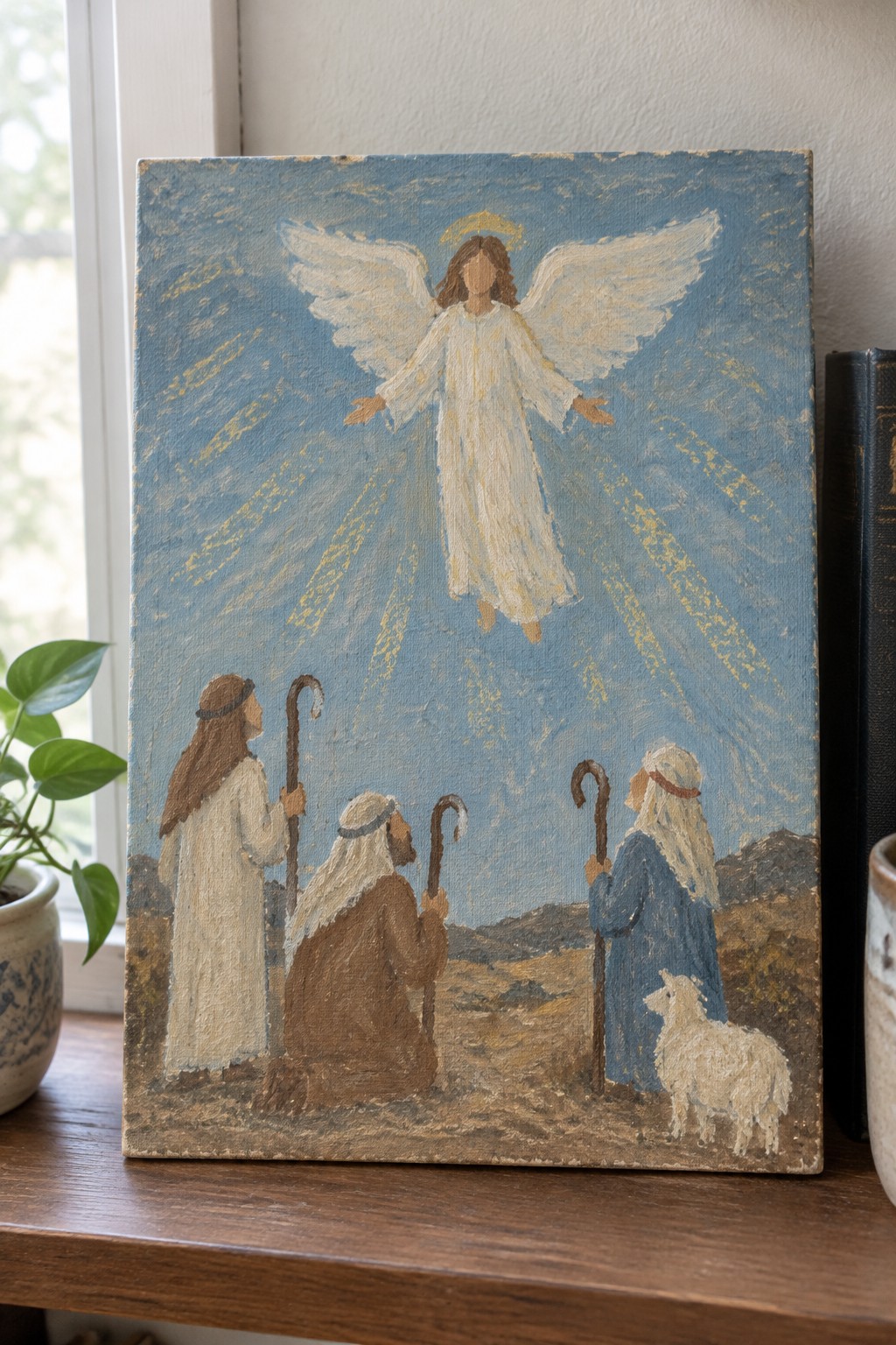 Folk painting of haloed angel with golden rays above robed shepherds in landscape