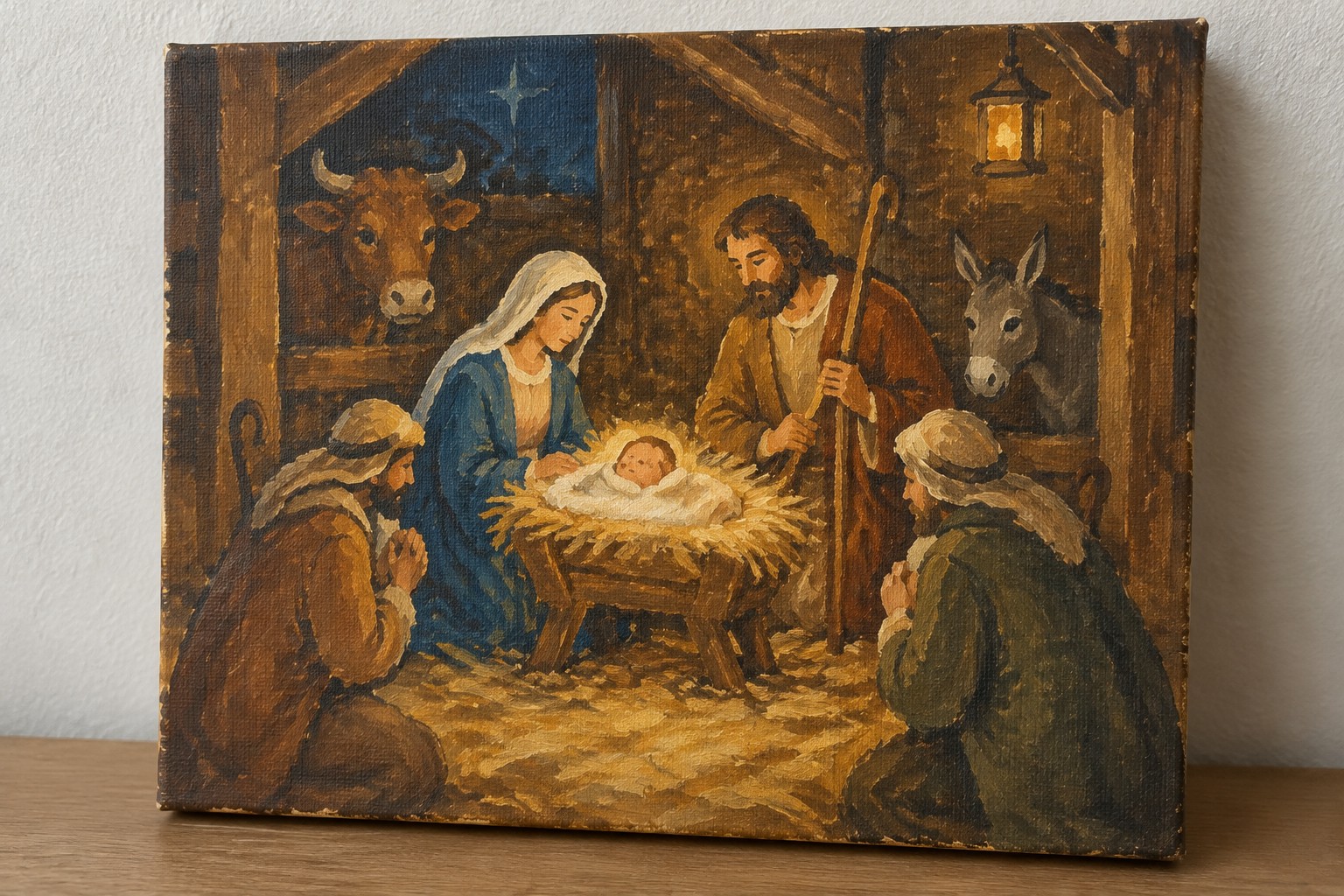 Nativity painting shows Mary in blue, Joseph with staff, kneeling shepherds, ox, donkey, and glowing manger.