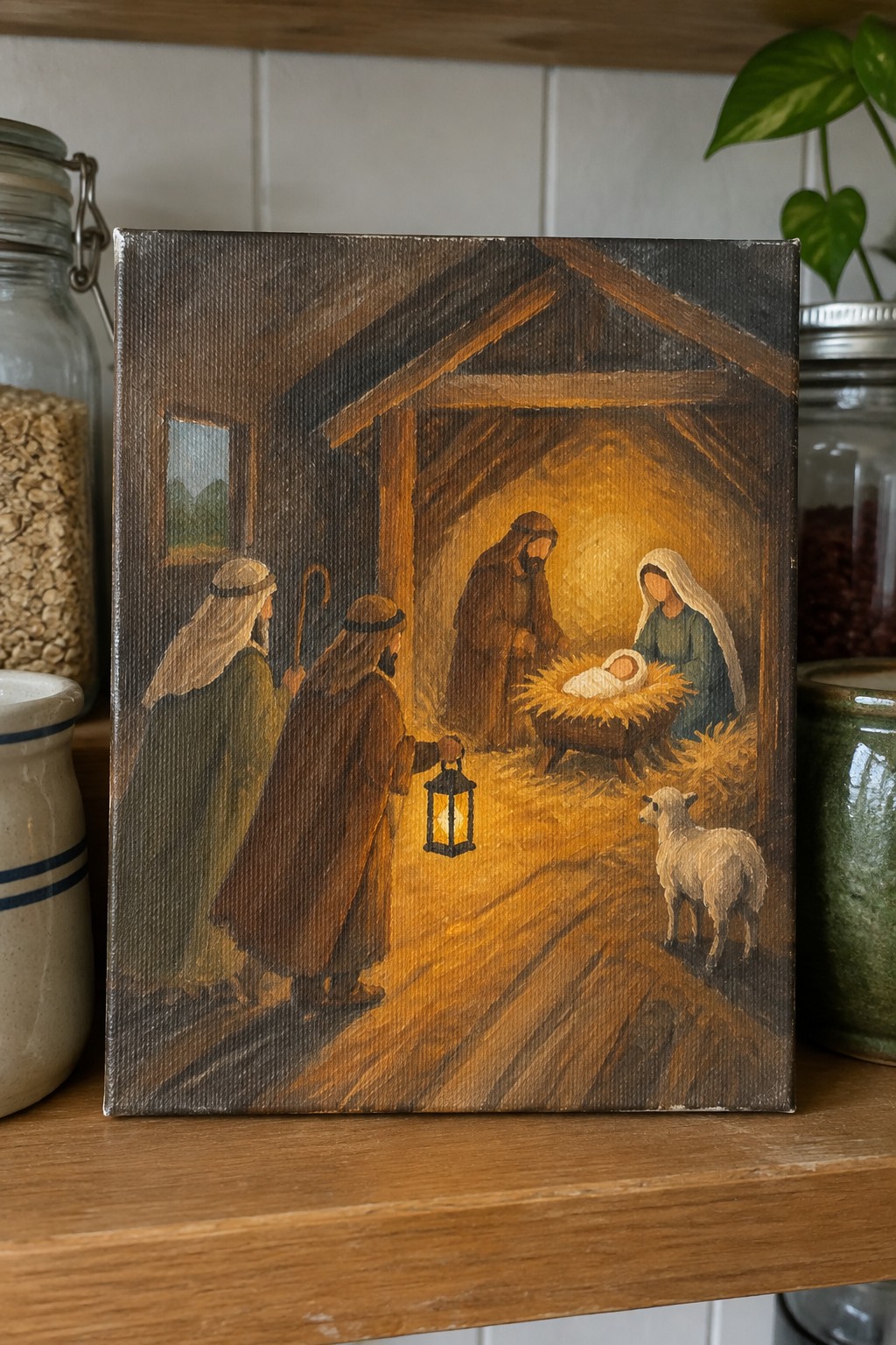 Oil painting of robed figures with lantern around glowing manger in wooden stable with sheep.