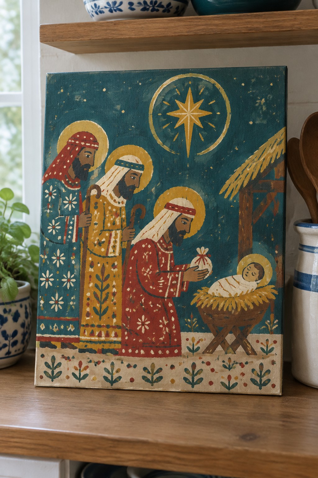 Teal folk art nativity with three kings in ornate robes beneath golden star