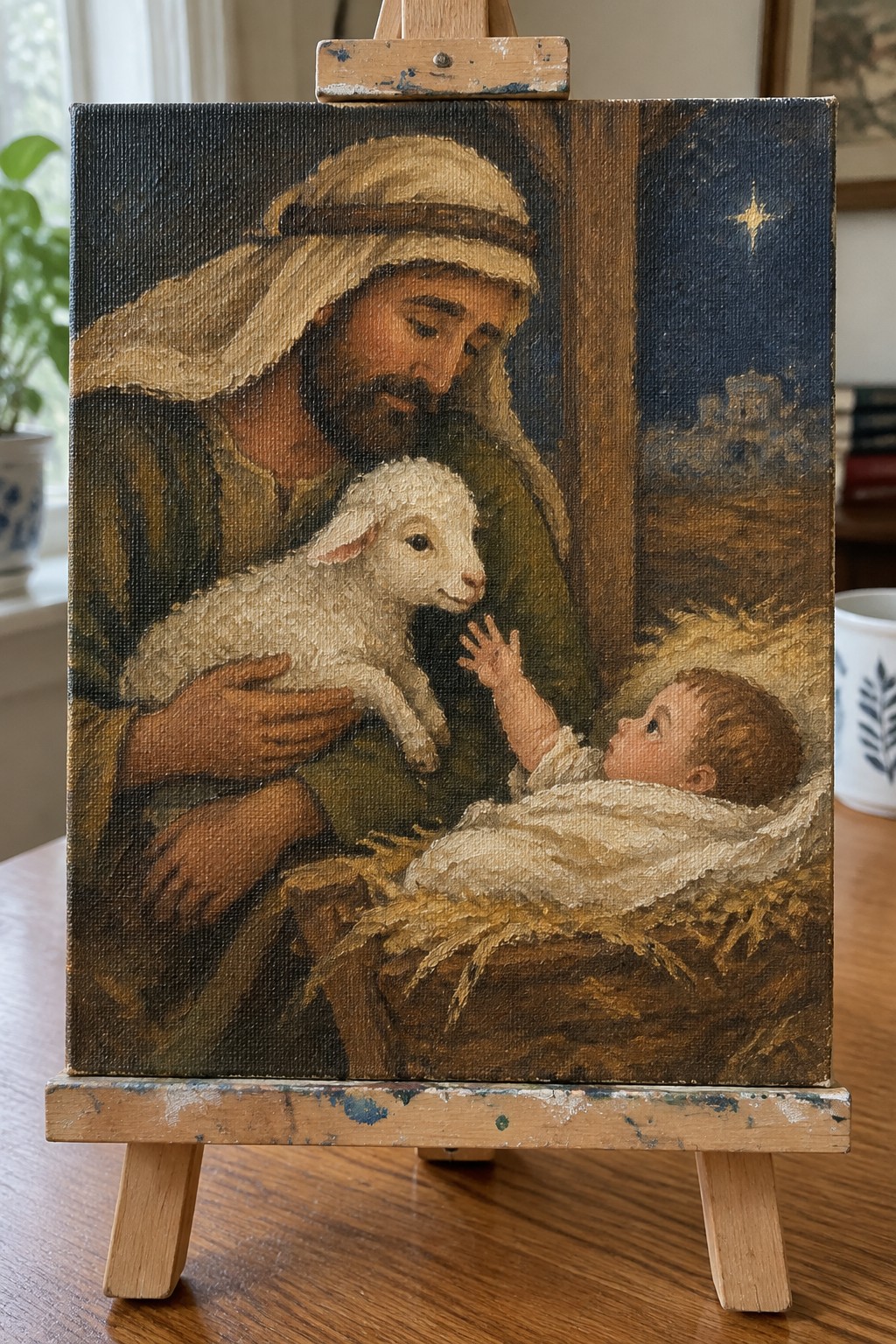 Classical oil painting of robed Joseph holding lamb near swaddled baby Jesus in straw manger under star.