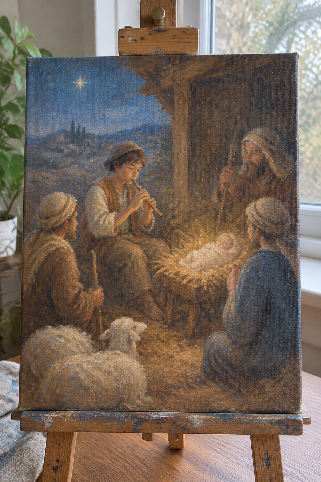 Nativity oil painting on easel: shepherds with staffs and flute around infant in manger, sheep, starry sky.
