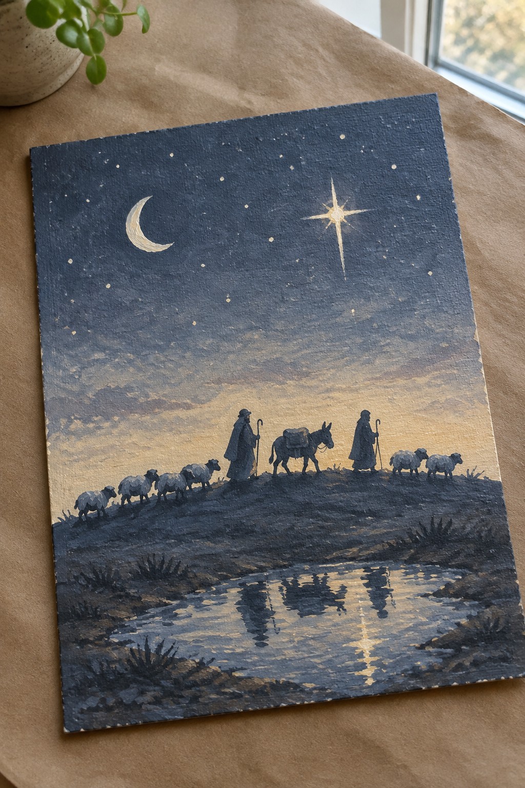 Starry night painting with crescent moon, bright star, robed shepherds, sheep, and donkey by stream