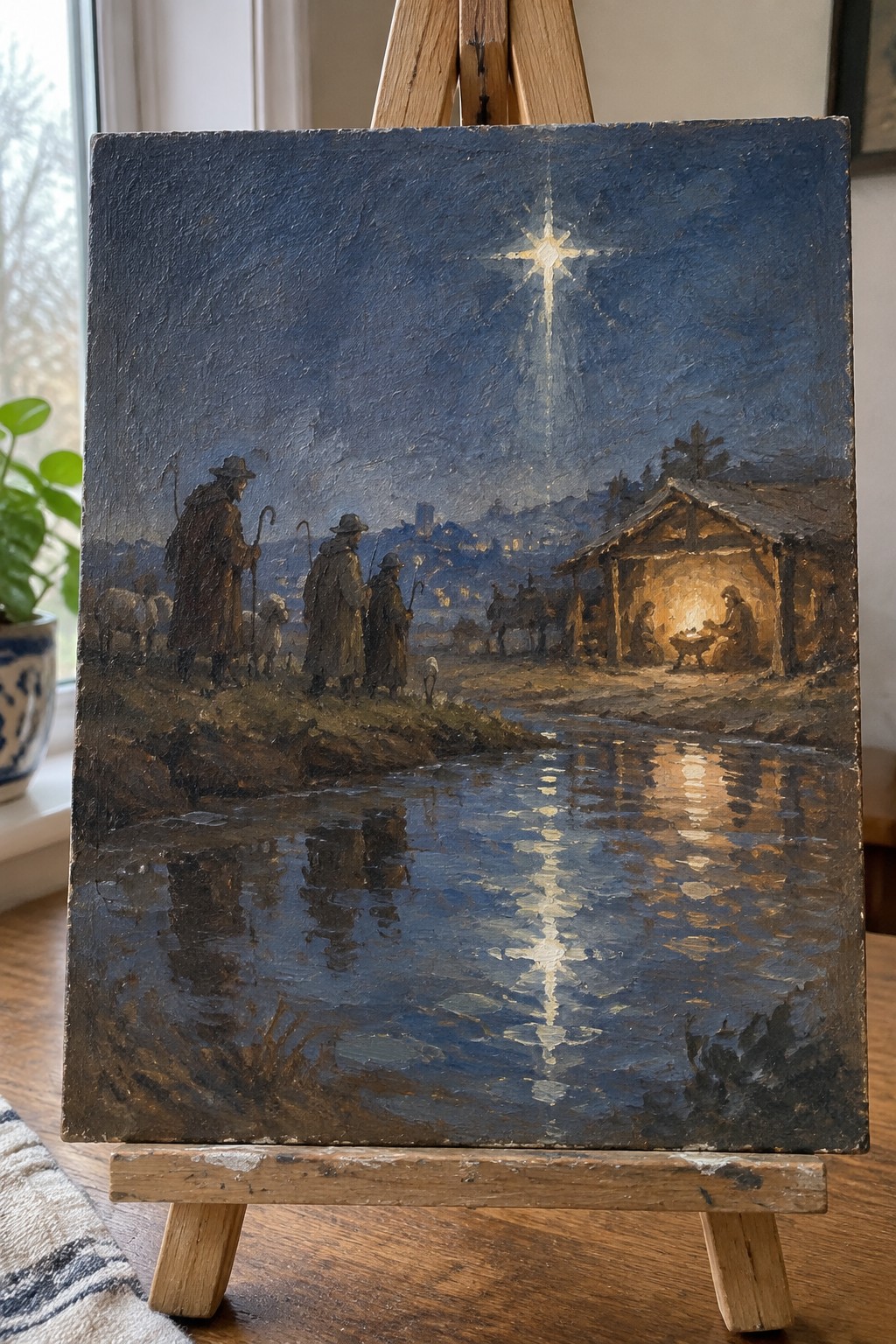 Oil painting of shepherds by moonlit river watching bright star over glowing nativity stable.