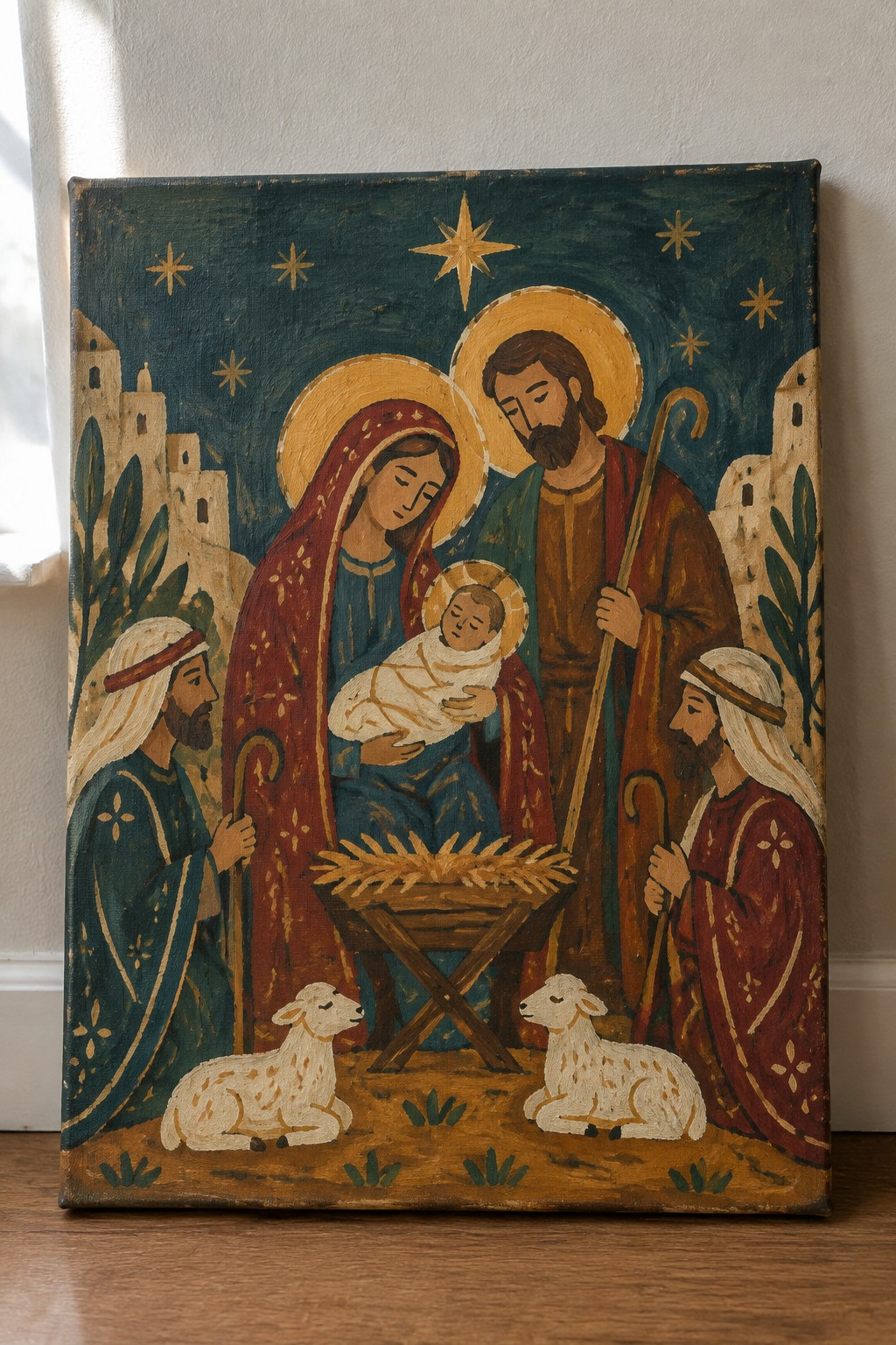 Folk art nativity with haloed Mary holding swaddled infant, Joseph, shepherds, sheep, and golden star.