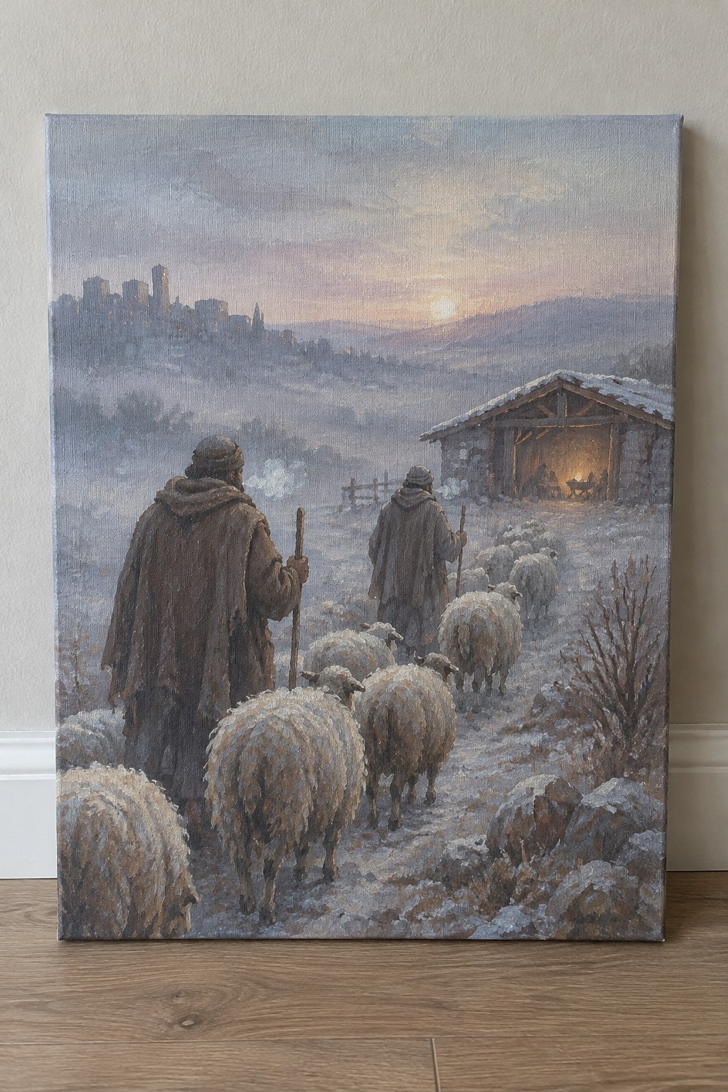 Two robed shepherds with staffs lead sheep through snow to a glowing stable at dusk.