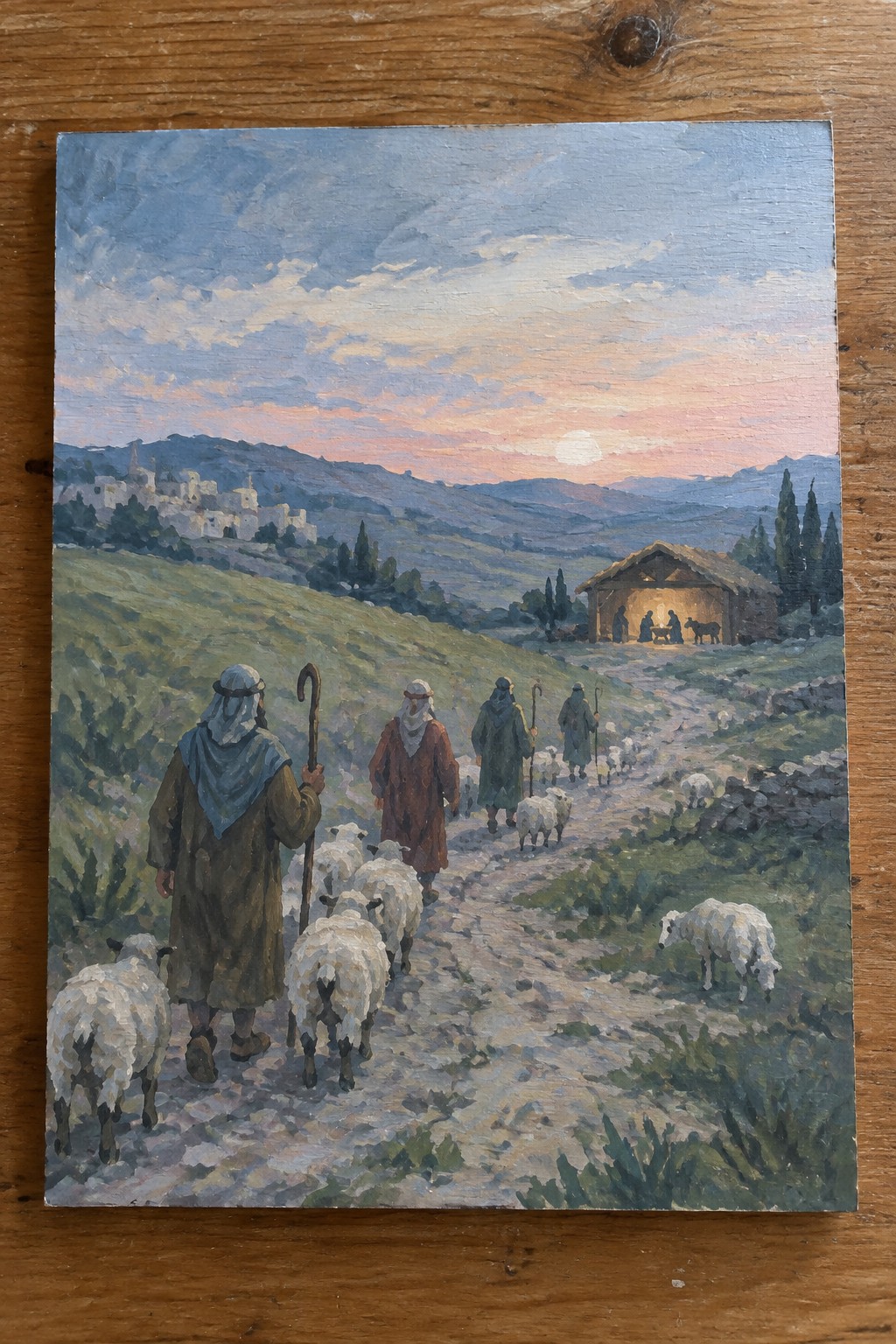 Robe-clad shepherds with staffs lead sheep along a path to a stable at sunset