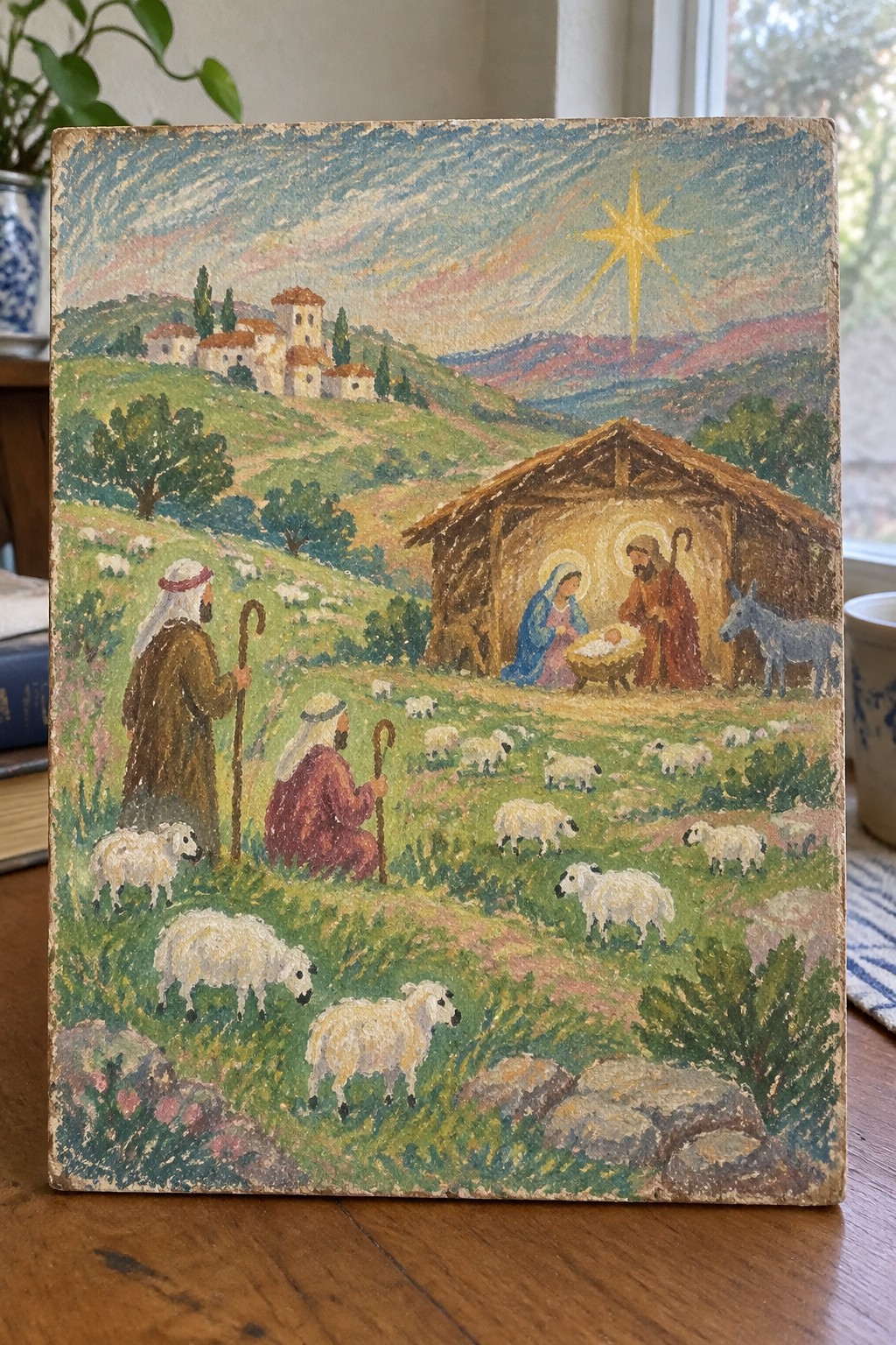 A painting shows shepherds with crooks and sheep on green hills approaching a wooden stable where Mary, Joseph, and baby Jesus are gathered under a large yellow star.
