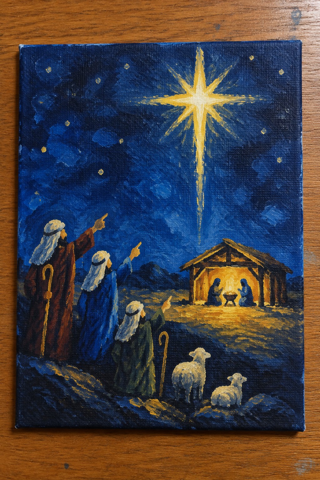 Three robed figures with staffs point at bright star over stable with sheep
