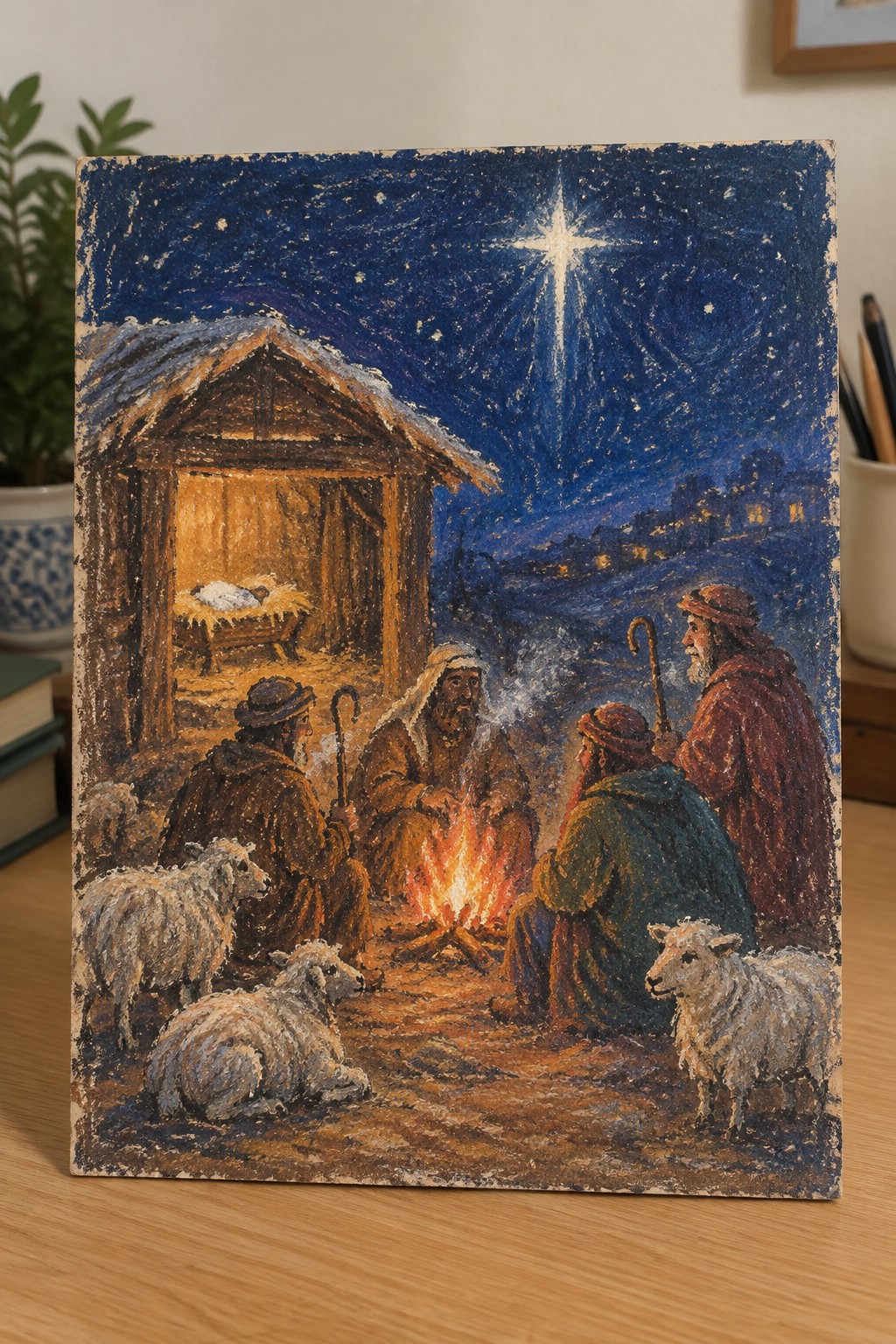 Shepherds in robes gather by campfire near stable under bright star with sheep at night.