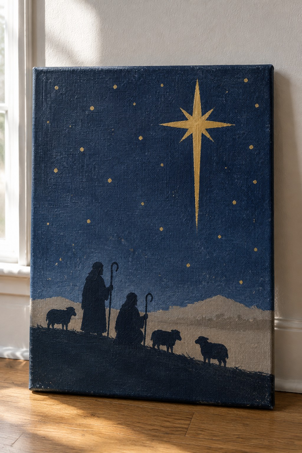 Painting of robed shepherds with crooks and sheep under large golden star at night