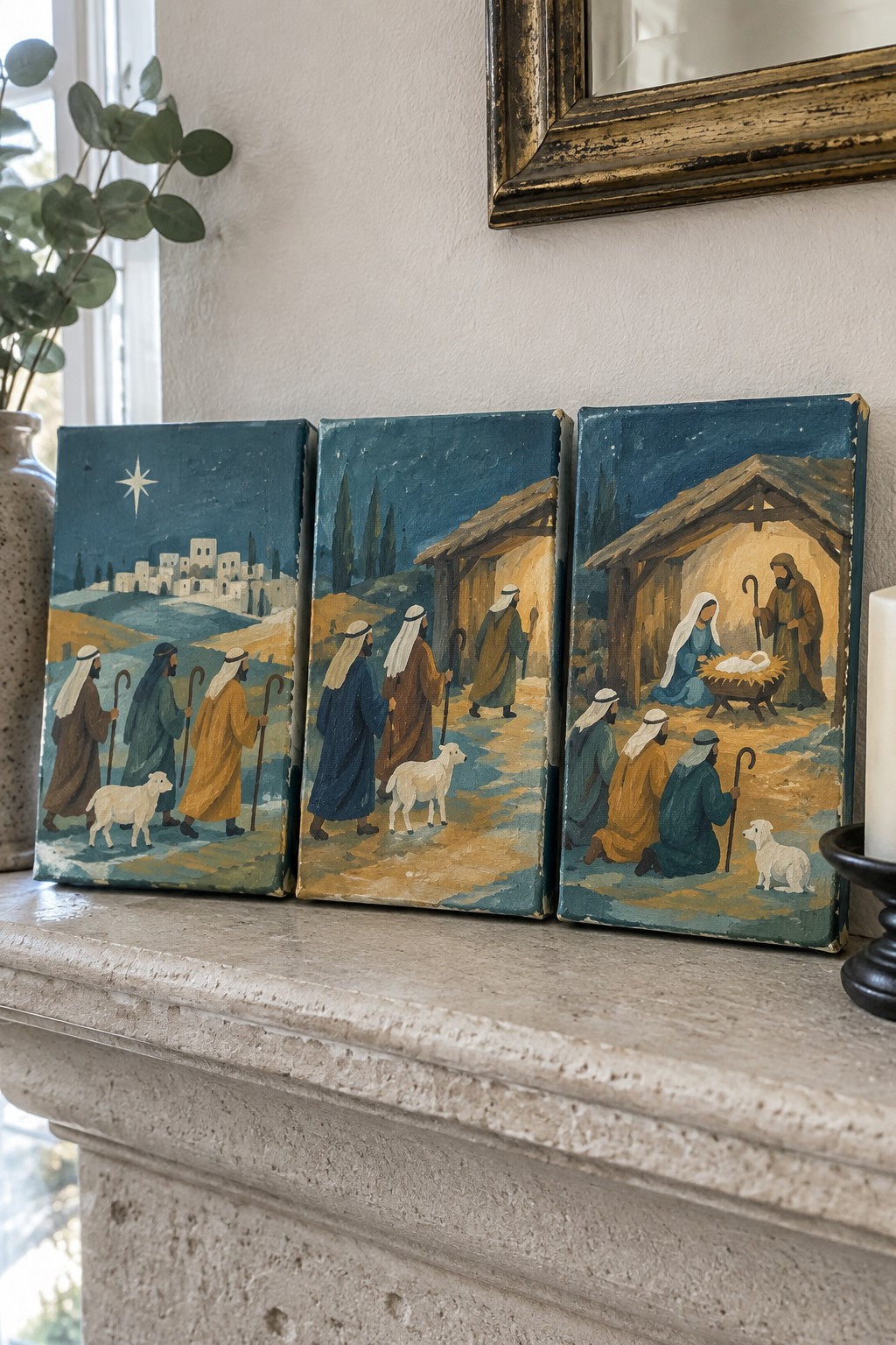 Three folk-art panels of robed figures approaching a starlit nativity manger with sheep