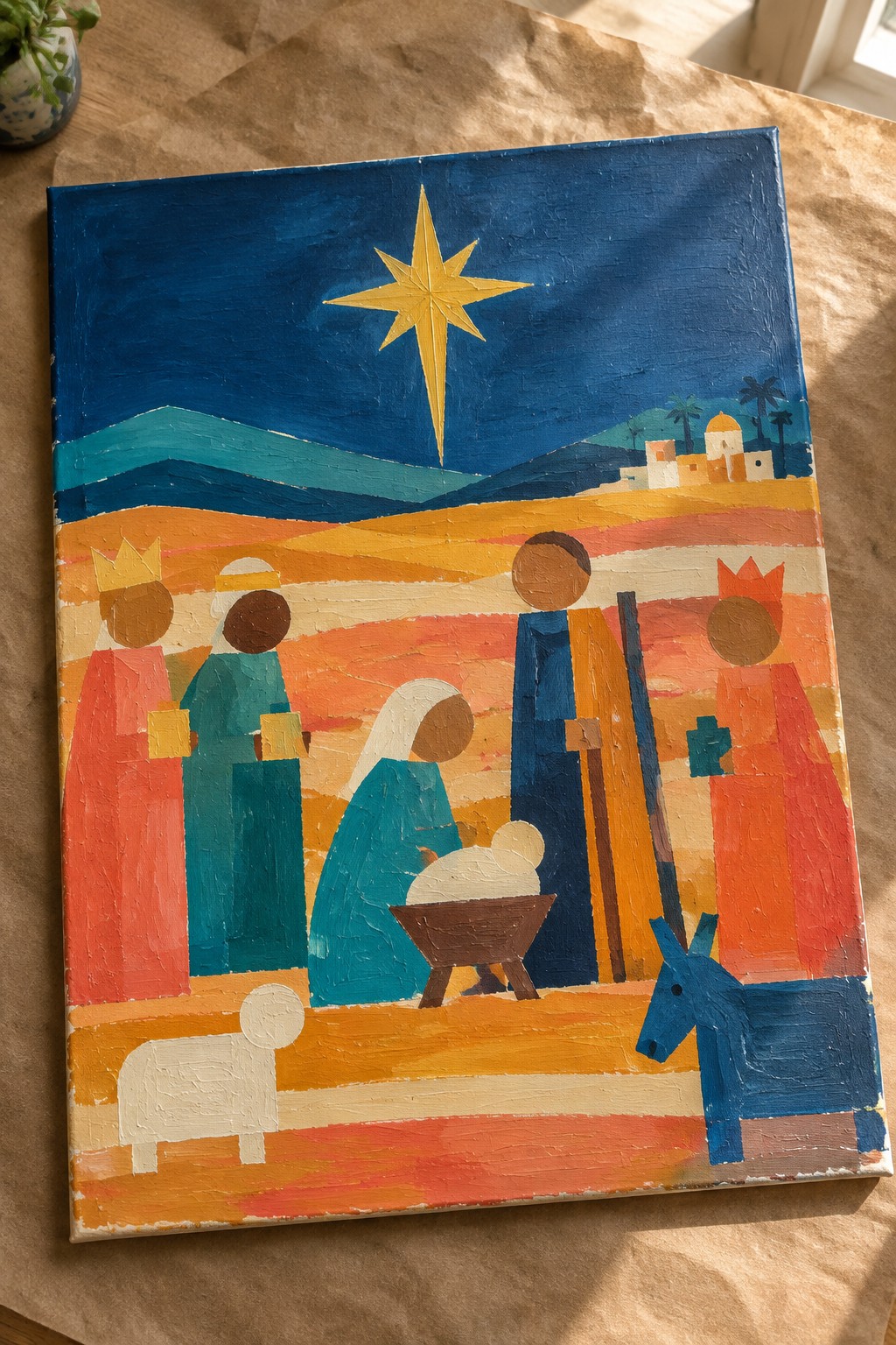 Geometric abstract Nativity painting with Mary, Joseph, kings, manger, sheep, donkey, and bright star.
