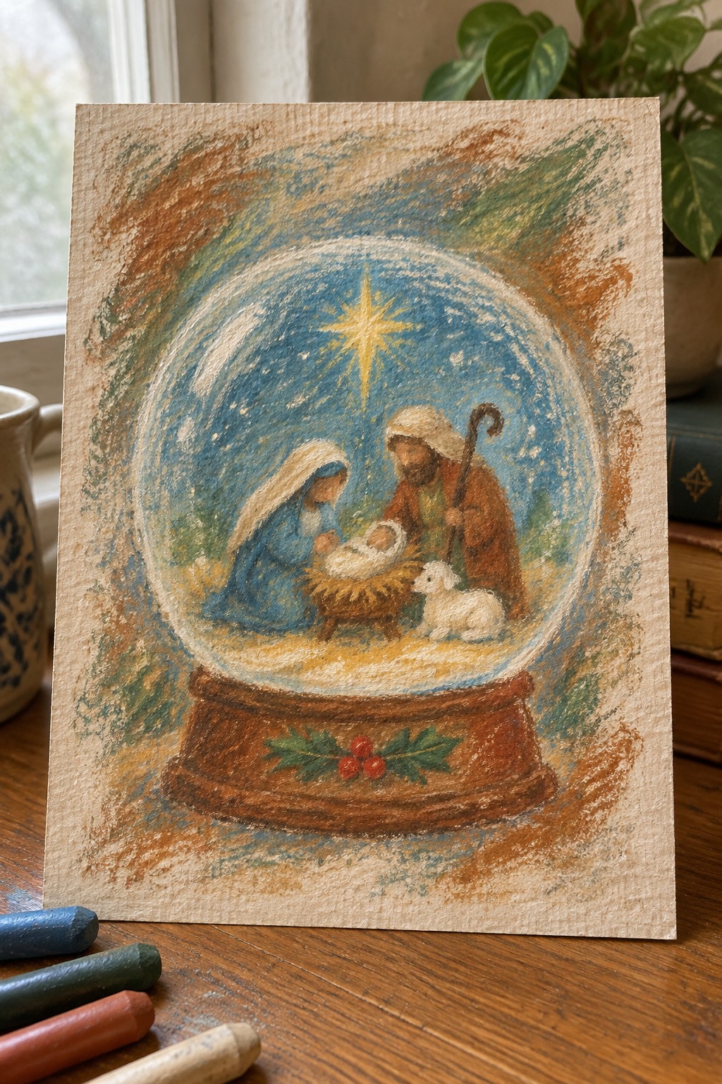Pastel nativity in snow globe with Mary in blue, Joseph, lamb, and glowing star