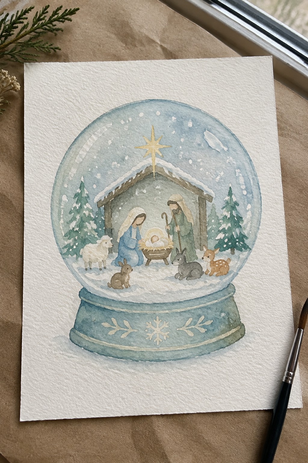 Watercolor snow globe with nativity scene, Mary in blue, animals, and snowy pines inside