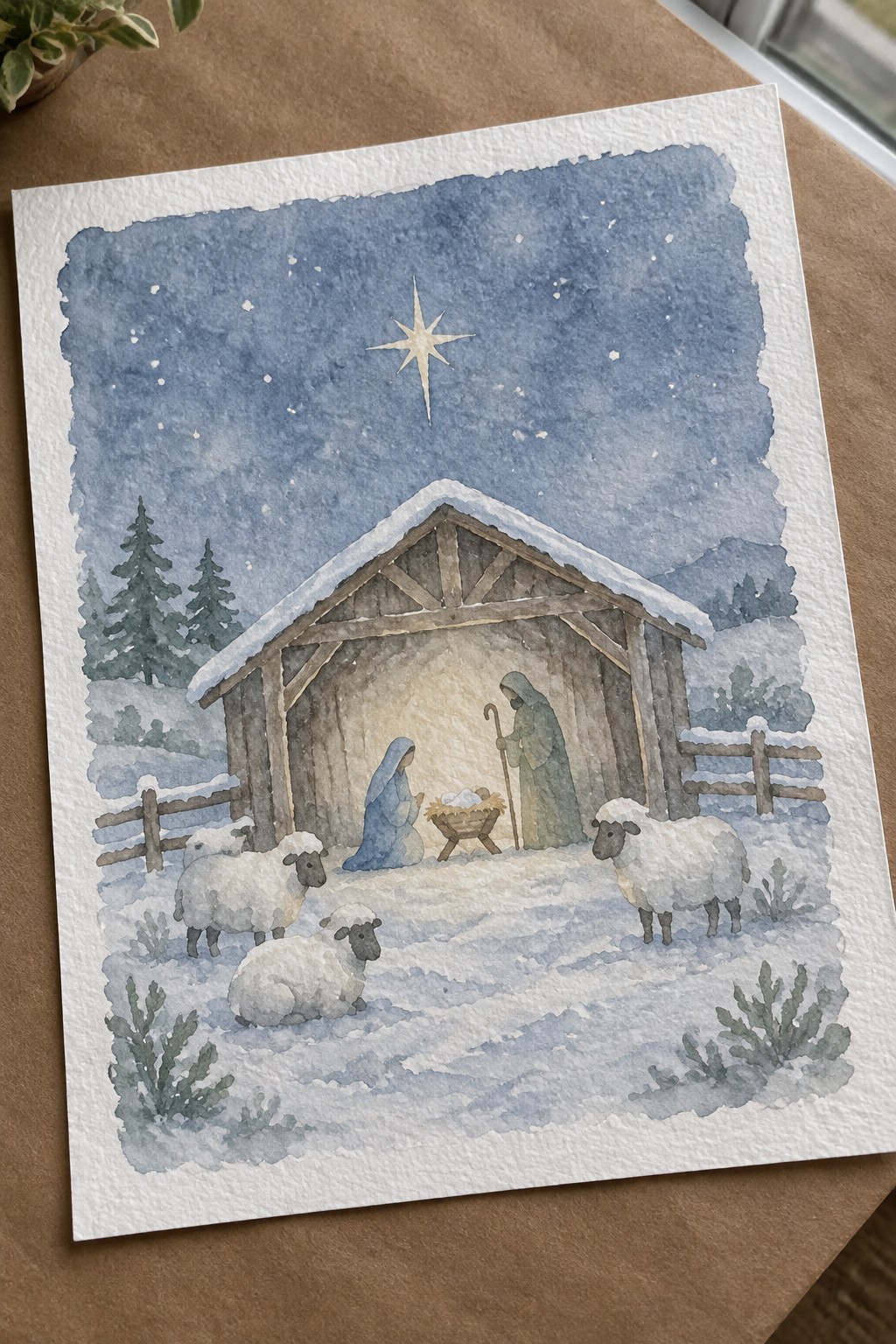 Watercolor nativity with blue-robed Mary, green-robed Joseph, manger, sheep, and bright star over snowy stable.