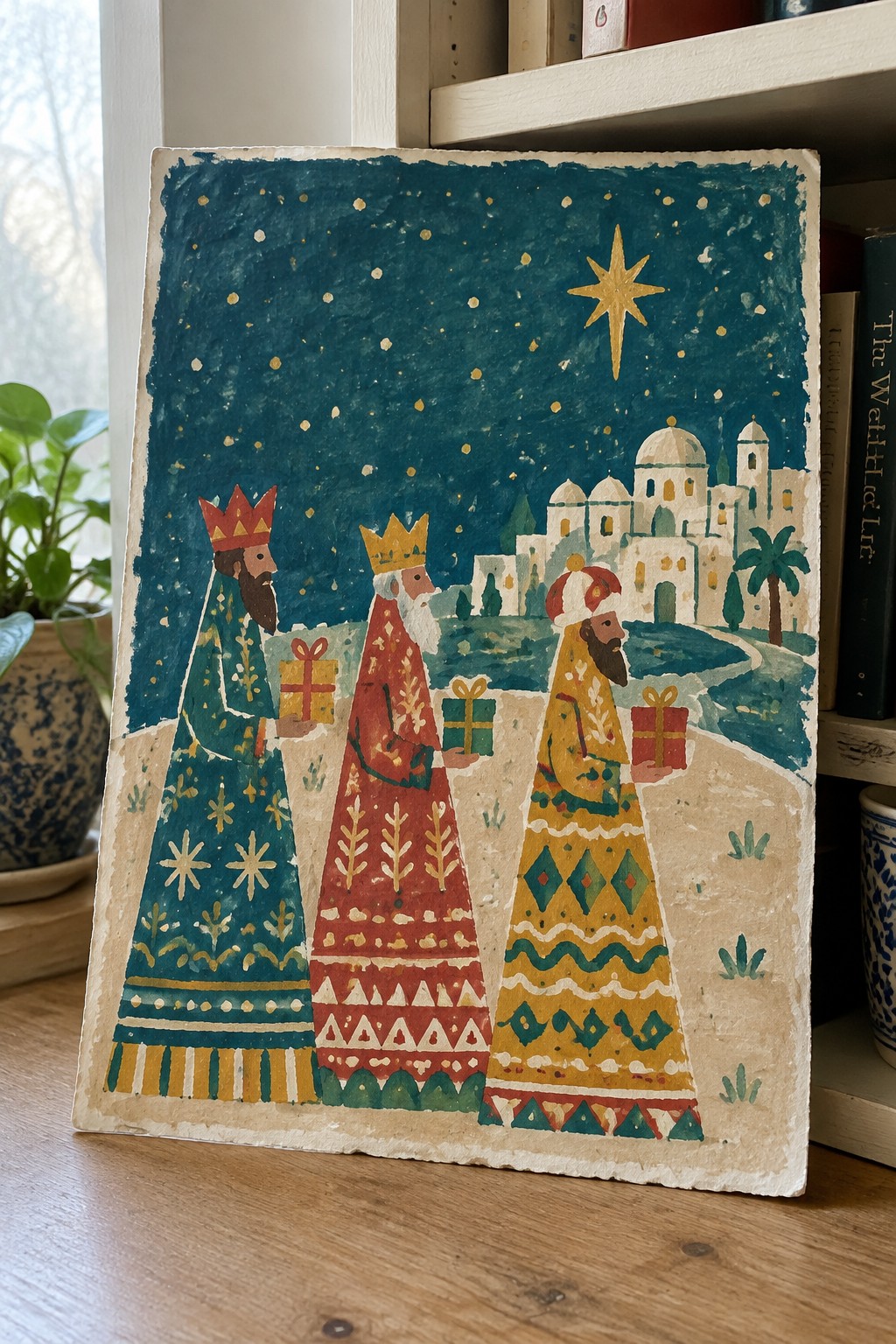 Three kings in ornate robes carry gifts under a starry teal sky toward a domed city.
