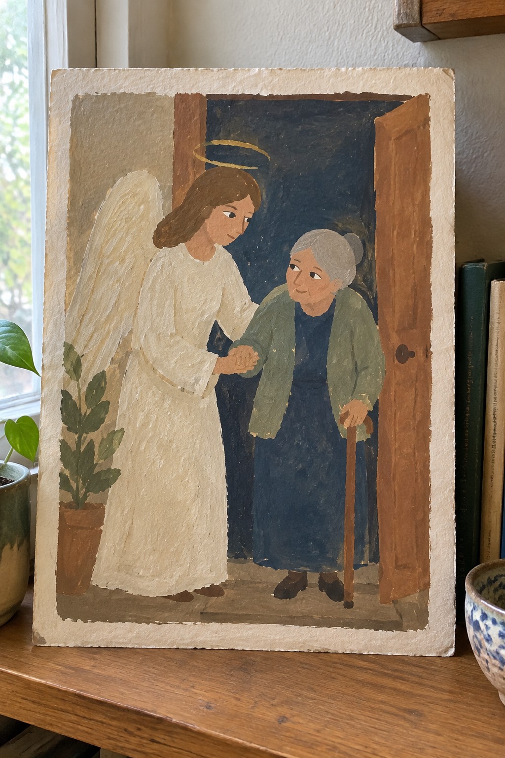 Angel with halo in white robe assists elderly woman with cane at open door