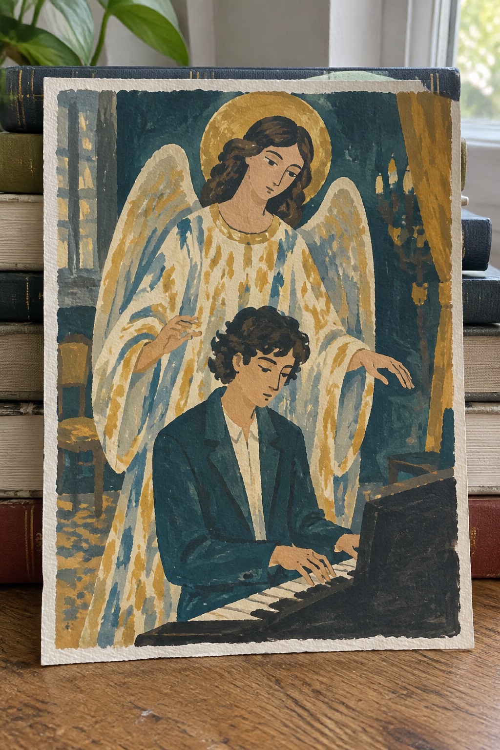 Haloed angel in gold-blue robe behind curly-haired pianist at keyboard among books