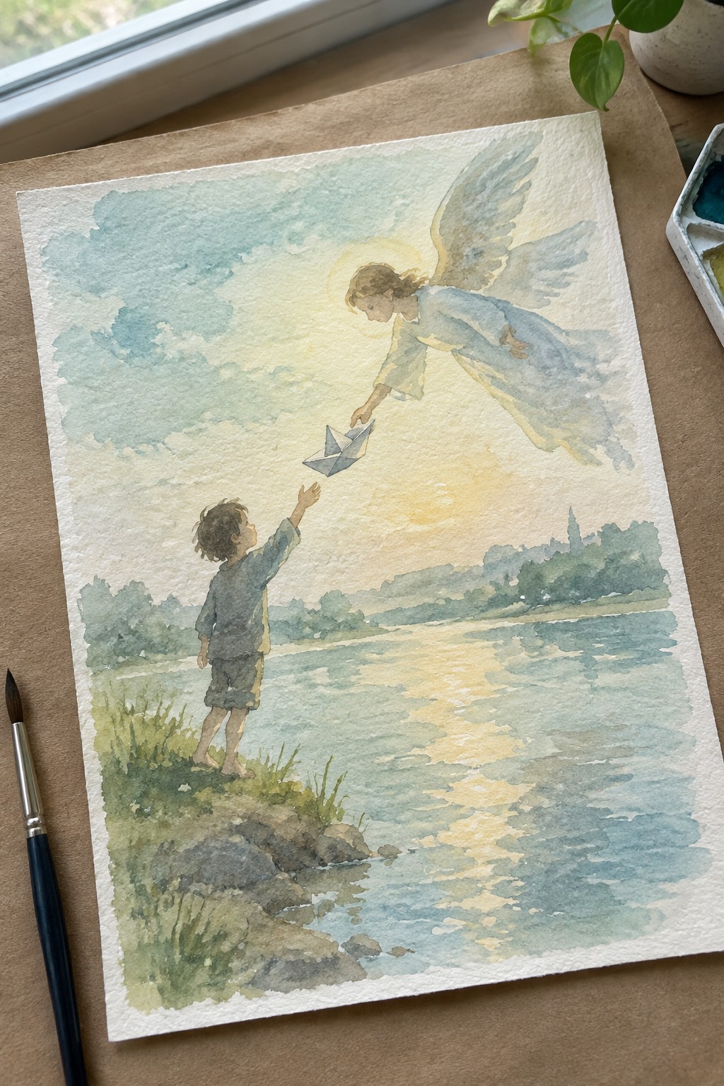 Watercolor painting of boy on riverbank reaching for paper boat from winged angel.