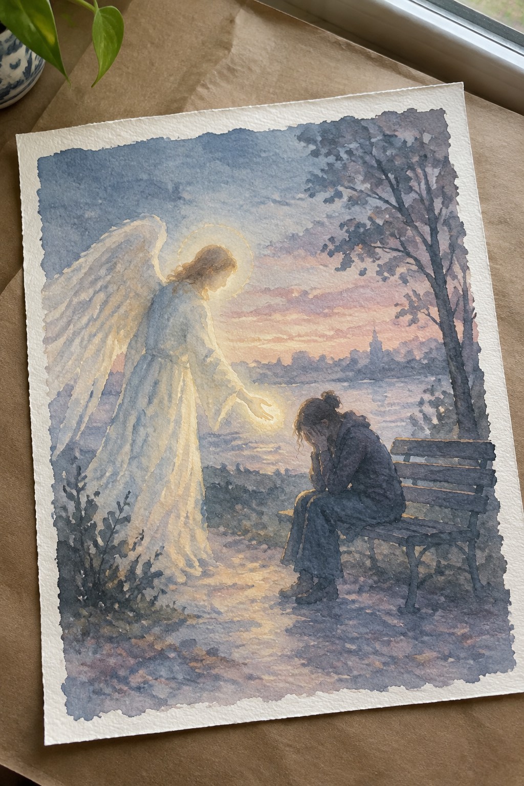 Watercolor of glowing angel reaching toward sorrowful woman on park bench at sunset