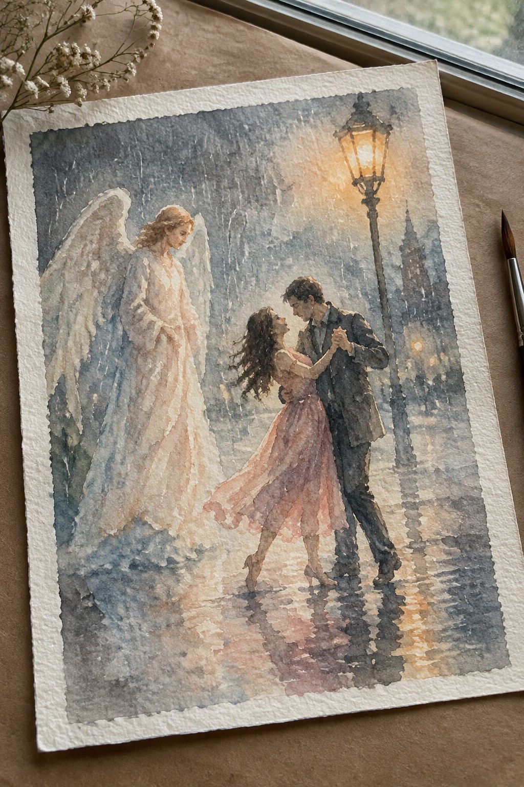 Watercolor of angel watching couple in pink dress dance under lamppost in rain.