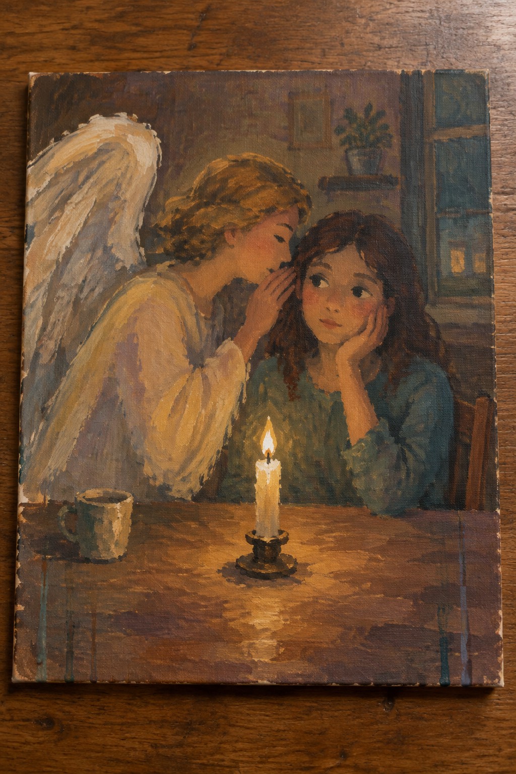 Oil painting of angel whispering to brown-haired girl at candlelit wooden table.