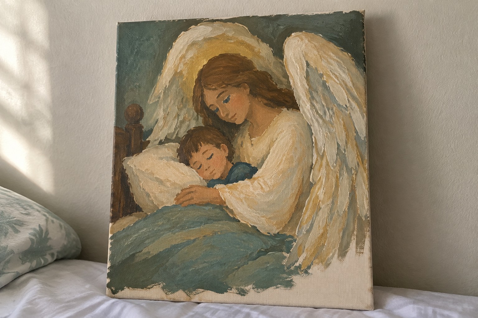 Oil painting of brown-haired angel with white wings holding sleeping child in bed.